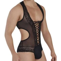 Body String Résille Dentelle Et Lacets Noir